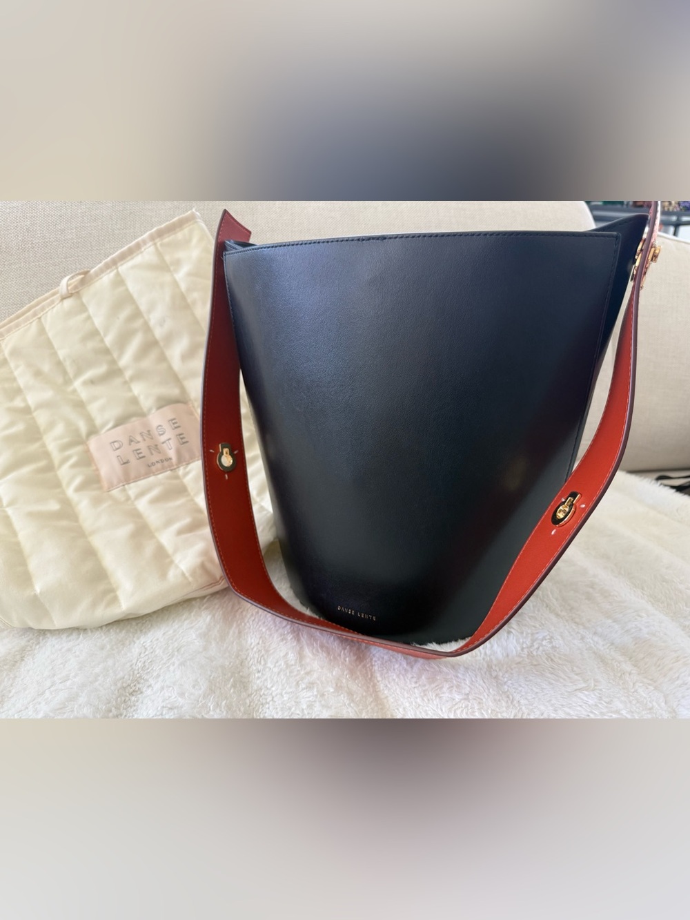 Danse Lente Black Leather Shoulder Tote Bucket Bag with Red Strap